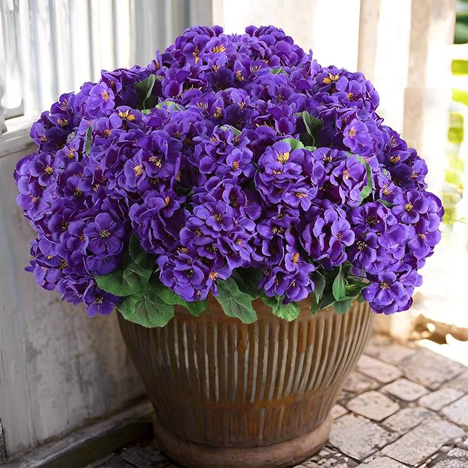 Hananona Artificial Geranium Flowers for Outdoors Geranium Silk Flowers Outdoor UV Resistant Garden Plants Faux Flowers for Home Kitchen Table Centerpieces Decor (12, Purple) (12 Pcs)
