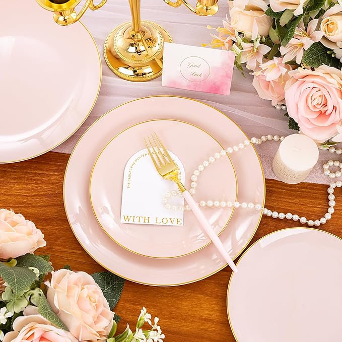Liacere 150PCS Plastic Plates-Gold Plastic Silverware with Pink Handle - Pink Disposable Plates Include 30 Guests Plates, Forks, Spoons, Knives for Wedding ＆ Easter Day ＆Mother's Day