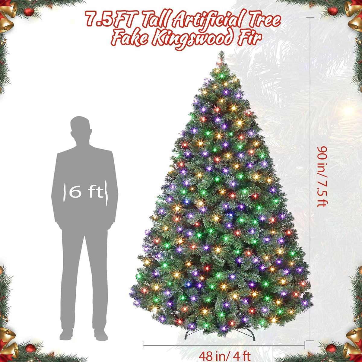 GAOMON 7.5ft Prelit Fraser Fir Wide Artificial Christmas Tree w/RGBW Light