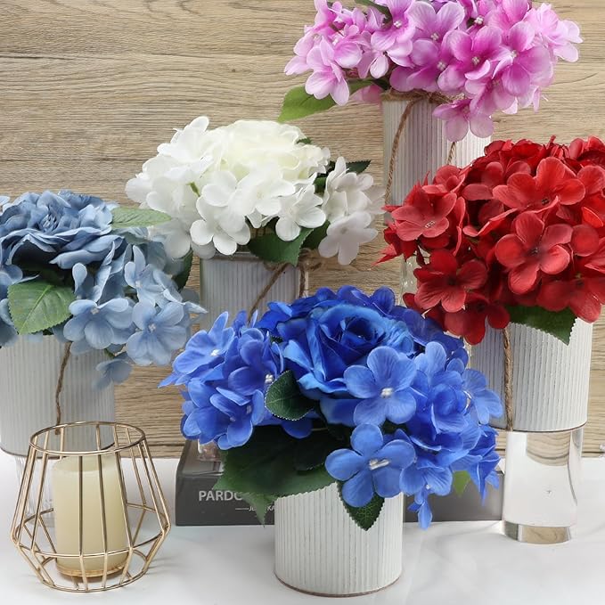 Flower Table Centerpieces - Set of 6 Floral Arrangement Artificial Wedding Hydrangeas Floral Arrangement with Rustic Metal Vase for Bridal Tea Party Event Decorations - Royal Blue