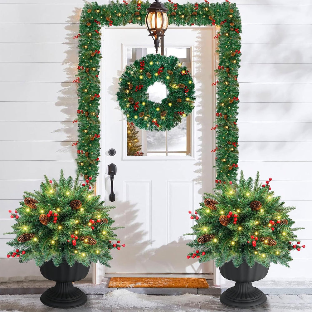 2 Pack Artificial Christmas Urn Filler, 18in Pre-lit Outdoor Christmas Tree