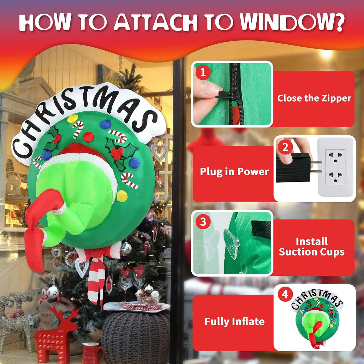 3.5FT Christmas Inflatable Outdoor Decorations Broke Out from Window with Wreath, Lighted Blow Up Yard Decor with Built-in LED Lights for Outside Indoor Yard Window Party Garden