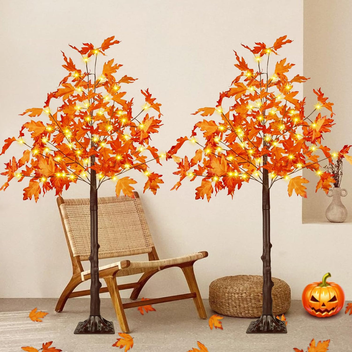 2 Pack 4FT Lighted Maple Tree 100 LED Artificial Fall Tree for Home Decor