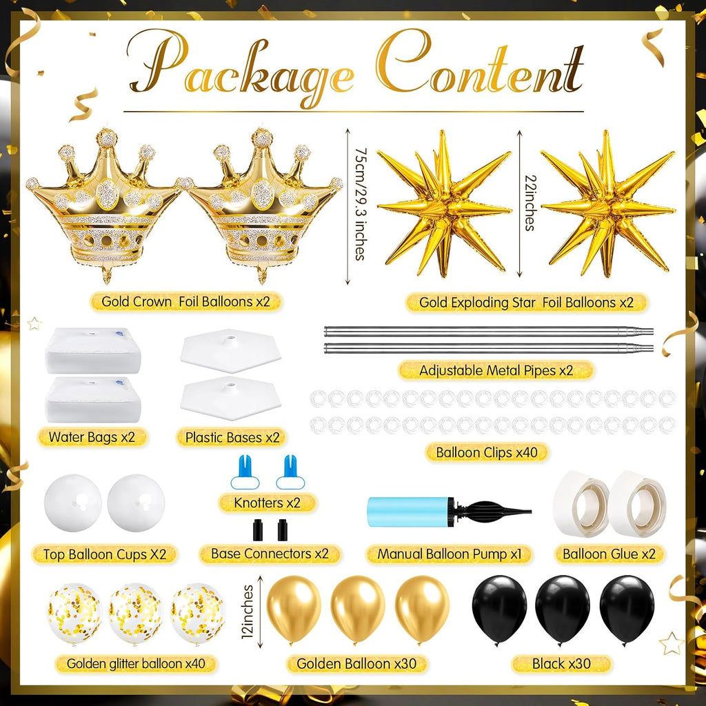 2 Sets Black and Gold Balloon Column Stand Kit with Crown Balloons