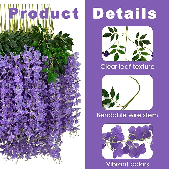 24 Pcs of Wisteria Hanging Flowers, 3.75 Feet Fake Wisteria Flower Strings, Artificial Wisteria Flowers Hanging Garland for Backdrop, Wedding, Ceremony,Garden and Home Wall Decoration (Light Purple)