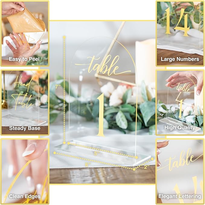 Clear Arch Acrylic Table Numbers for Wedding Reception - 5" x 7" Gold Font Centerpiece Set with Holder Stands & Head Table Sign - Anniversary, Event, Party, Wedding Set 1-20