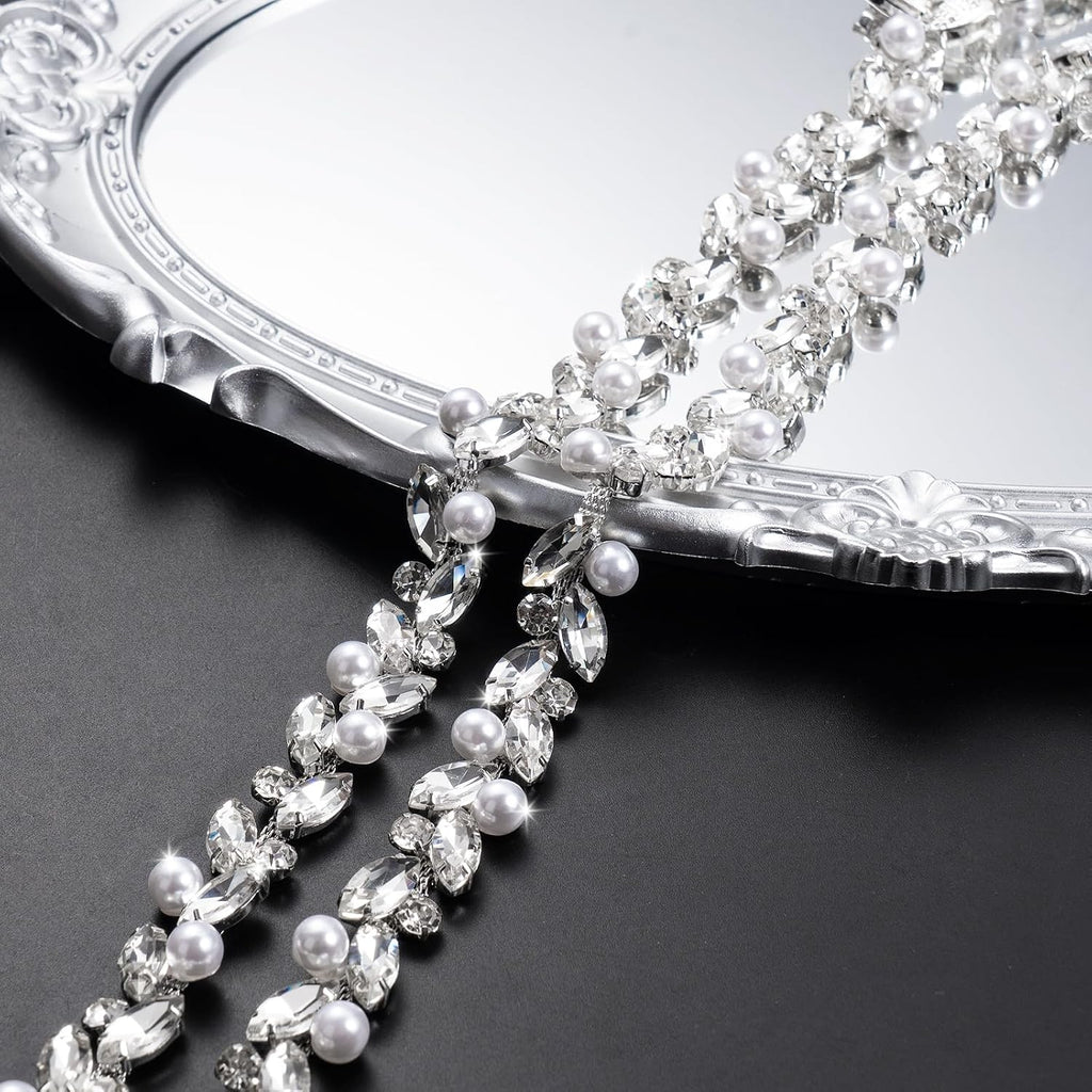 Novani Pearls Silver Rhinestones Trim Chain 3 Yards（T214,3Y）