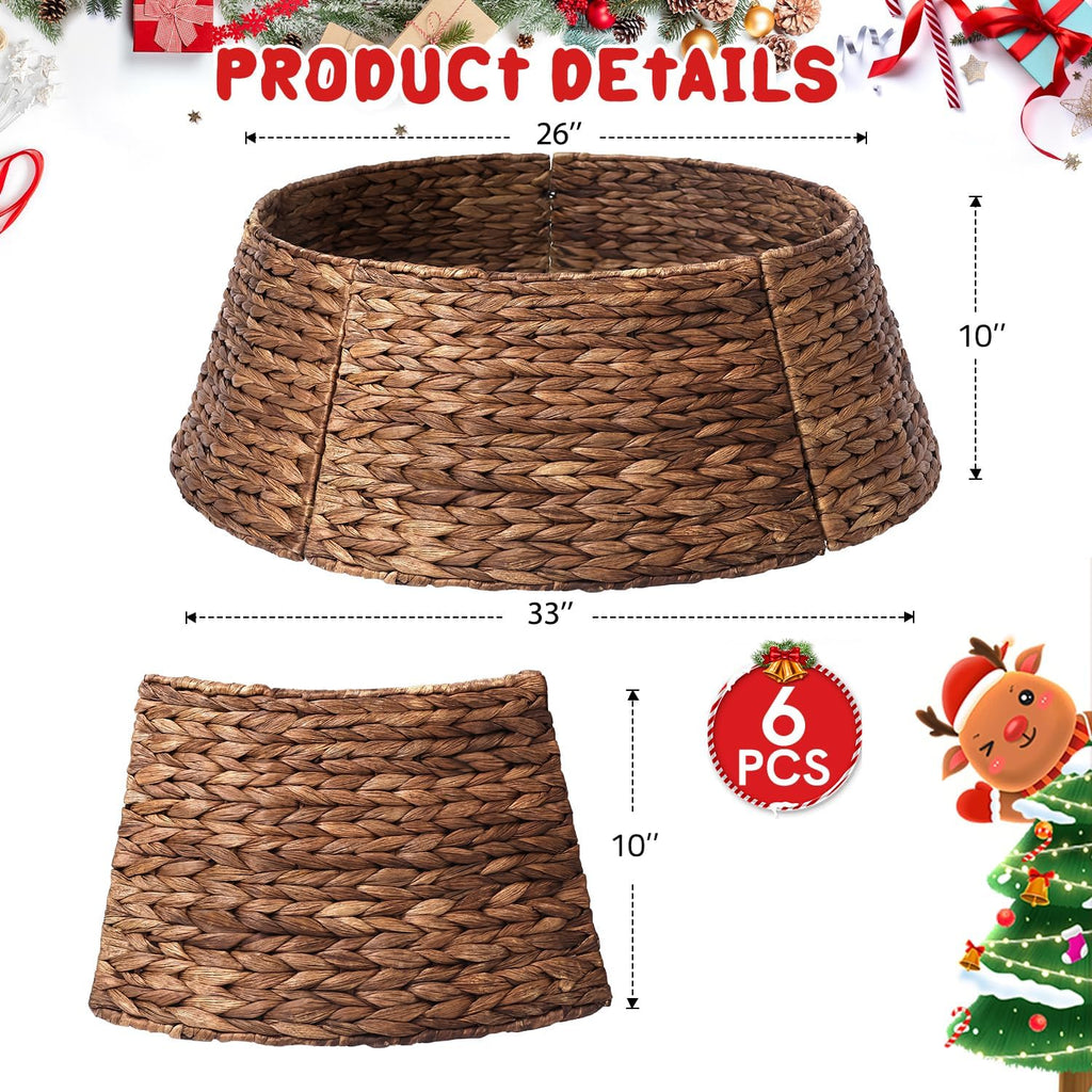 6-Piece Rattan Christmas Tree Collar - 33" Rustic Farmhouse Tree Skirt- Xmas Tree Base Cover for Christmas Decoration- Woven Holiday Tree Ring Accessory for Home, Living Room (Brown, 33 in)
