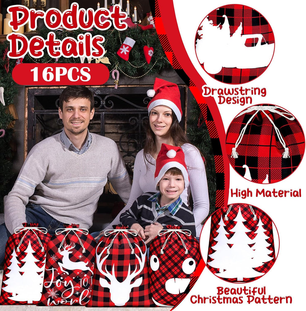 Windyun 16 Pcs Christmas Drawstring Bags Santa Sack Bag 12x16 Inch