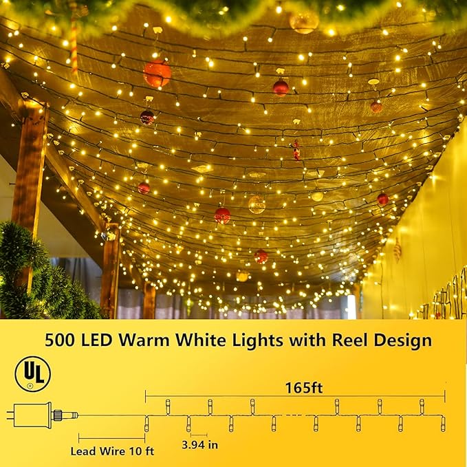 YEGUO 500 LED 165ft Christmas Lights Outdoor Waterproof, Warm White String Lights Indoor, 8 Modes Green Wire Twinkle Xmas Tree Lights Plug in with Memory Timer