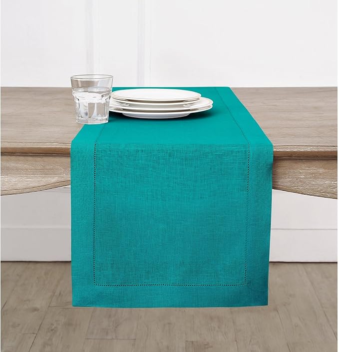 Solino Home Linen Hemstitch Table Runner 90 Inches Long - 100% Pure Linen Teal Table Runner 14 x 90 Inch for Fall, Autumn, Thanksgiving, Christmas - Classic Hemstitch