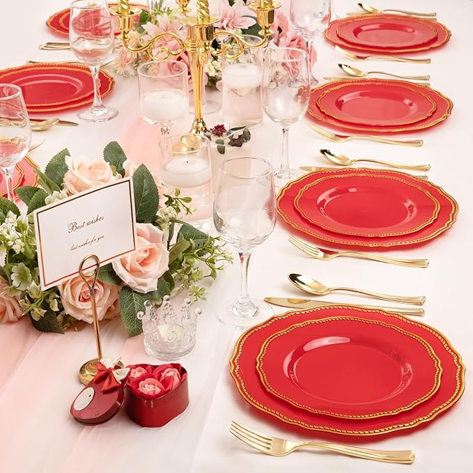 Hioasis 60pcs Red Plastic Plates - Red and Gold Disposable Dinnerware with Gold Rim, Heavy-duty, 10.25 inch, Dinner Plates for Party & Wedding