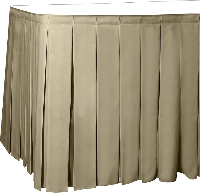 Ultimate Textile Pleat Polyester Fabric Table Skirt - Machine Washable Flame Resistant with Clips for Events, Weddings & Trade Shows, Cut & Sewn in Paterson, NJ - Camel, 17' Box Pleat