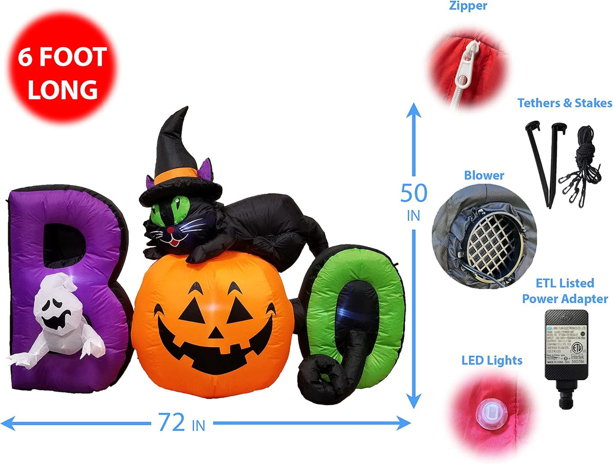 6 ft long lighted halloween inflatable black cat, side view