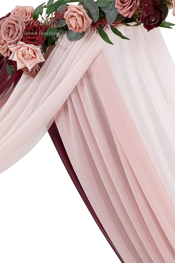 Floroom Wedding Arch Draping Fabric 3 Panels 20Ft Chiffon Fabric Drapes Arbor Drapery Wedding Ceremony Reception Swag Decorations (Burgundy +Dusty Rose +Blush)