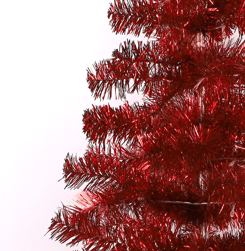 Juegoal 4 FT Pre-lit Artificial Christmas Tree, Lighted Red Tinsel Pine Spruc...