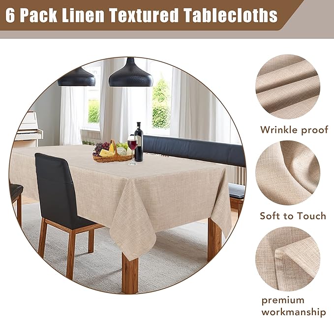 Fitable Faux Linen Tablecloths Rectangle 60 x 102 Inch - 6 Pack Neutral Table Clothes for 6 Foot Tables, Beige Faux Burlap Kitchen Table Covers for Dining, Party, Farmhouse, Banquet, Buffet