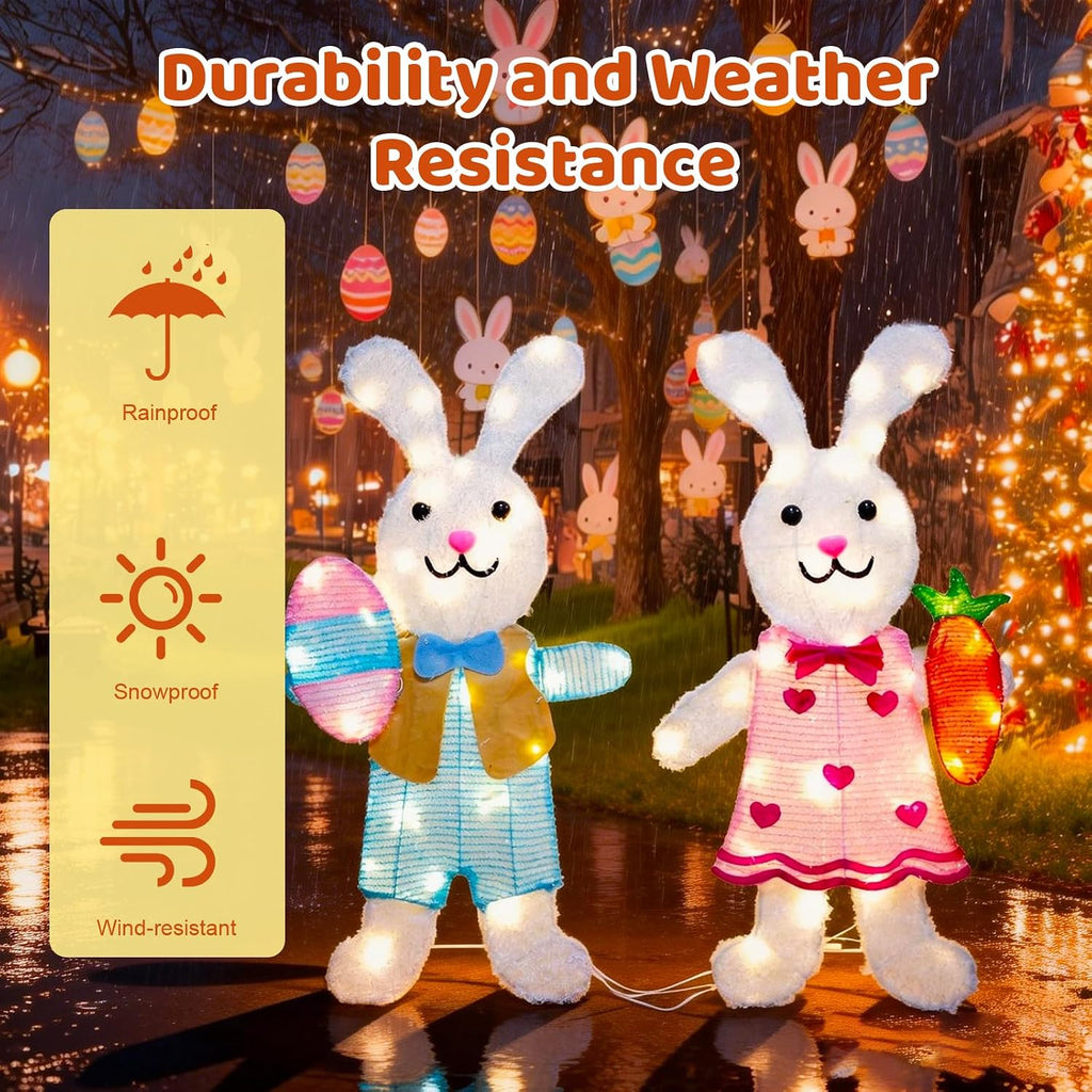 2 Pcs Outdoor Easter Decorations Lighted Bunny with 60 LEDs Warm White Lights, Easy Assembly 2D Easter Decor for Outdoor, Garden, Lawn, Patio