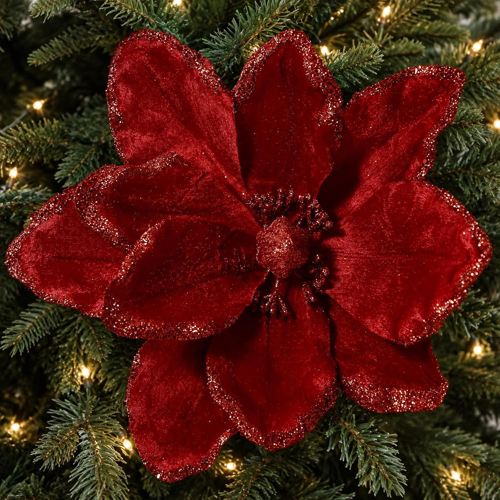 8 Pcs Large 12" Christmas Magnolia Flowers, Burgundy