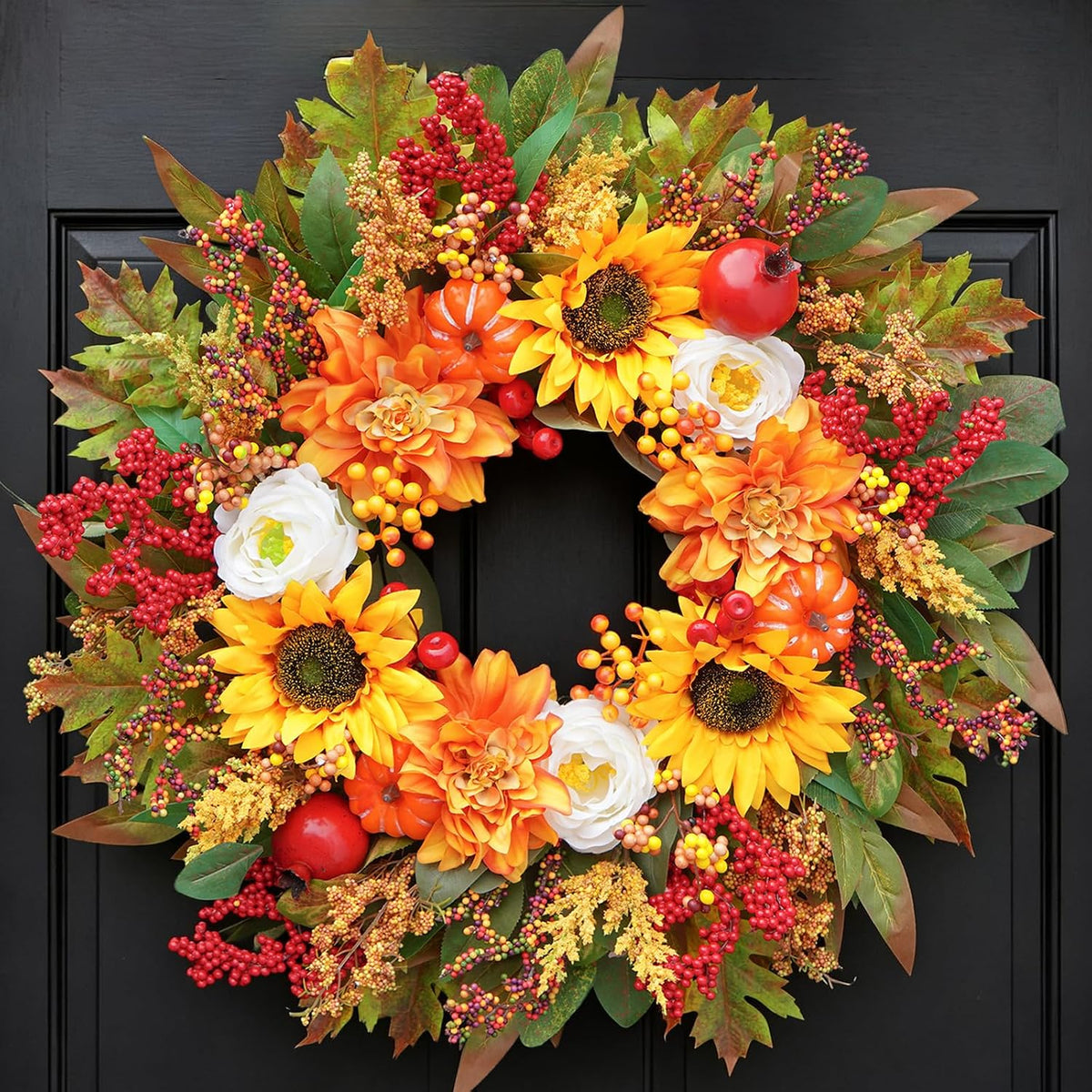 Fall Wreaths for Front Door, 24 Inch Autumn Wreath Luxury Harvest and Thanksgiving Indoor & Outdoor, Fall Door Wreath with Dahlias, Sunflowers,Peony&Pumpkins, Fall Wreath for Outdoor Wreaths