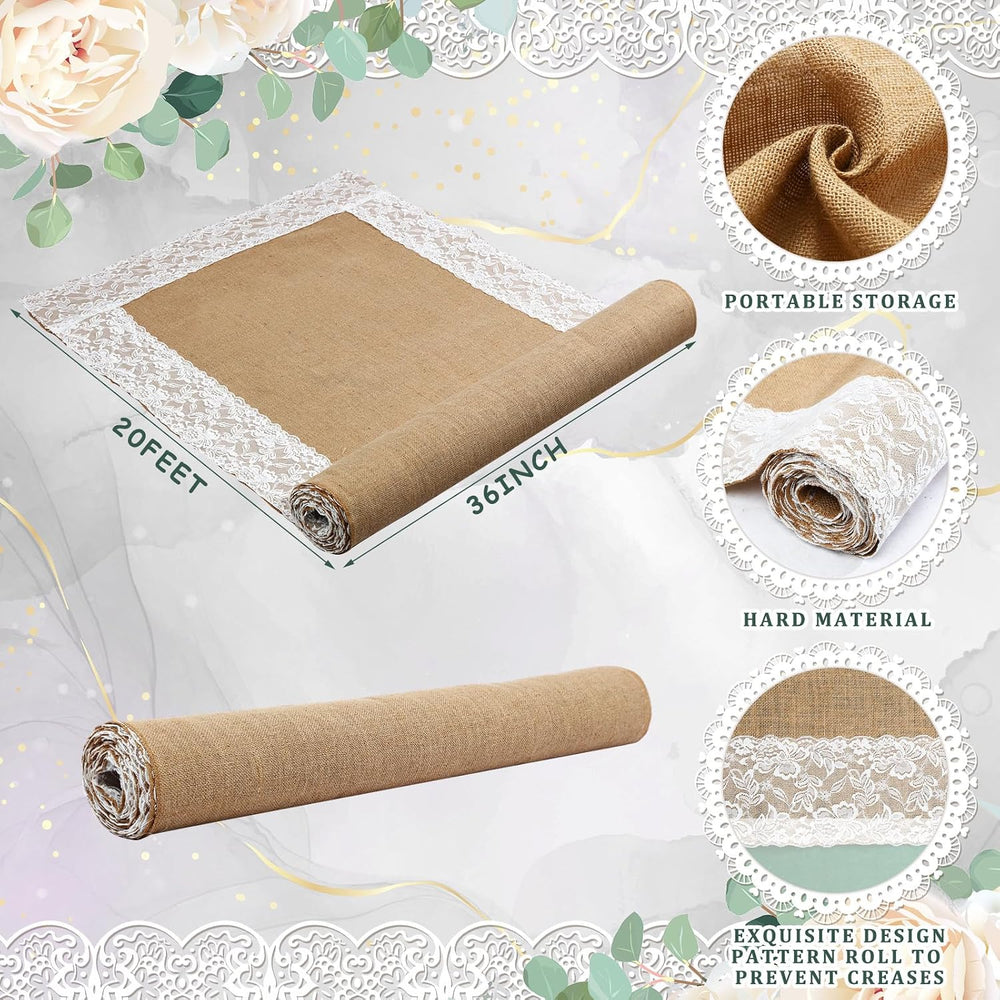 Preboun 3ft X 20 ft Aisle Runner for Wedding Ceremony, Burlap Lace Style
