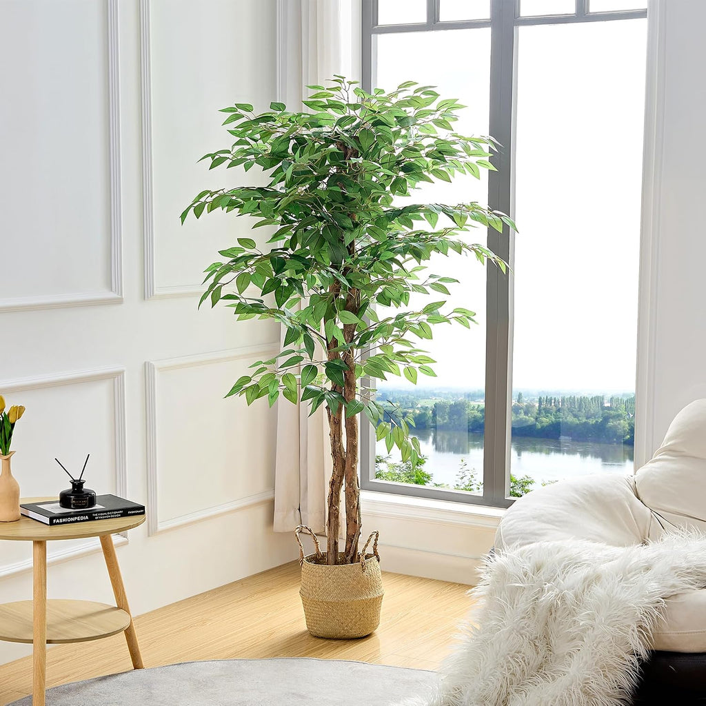 VECELO Ficus Tree Artificial 6 Feet, Tall Faux Tree in Pot, Fake Floor Plant with Realistic Tree Branch & Silk Leaves for Home Office Indoor Decor