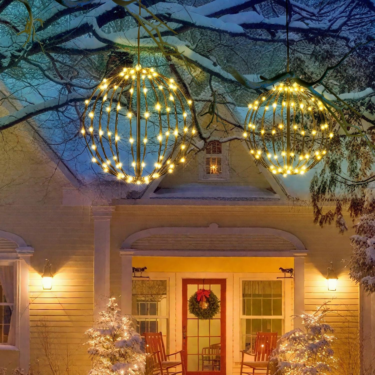 christmas decorations,led light balls outdoor,2 pack,warm white showing dimensions