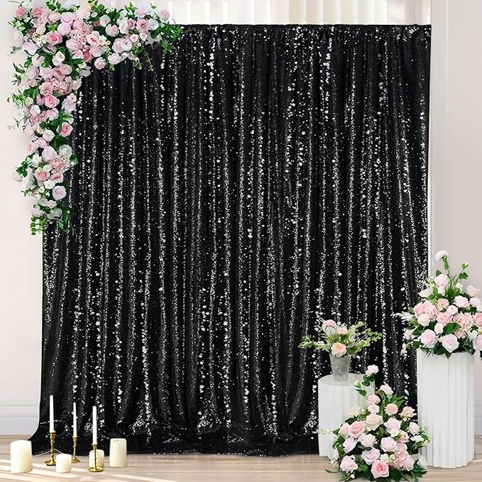 Black Sequin Backdrop Curtain 7ft x 7ft Glitter Photo Booth Backdrop for Wedding Birthday Baby Shower Event Decorations