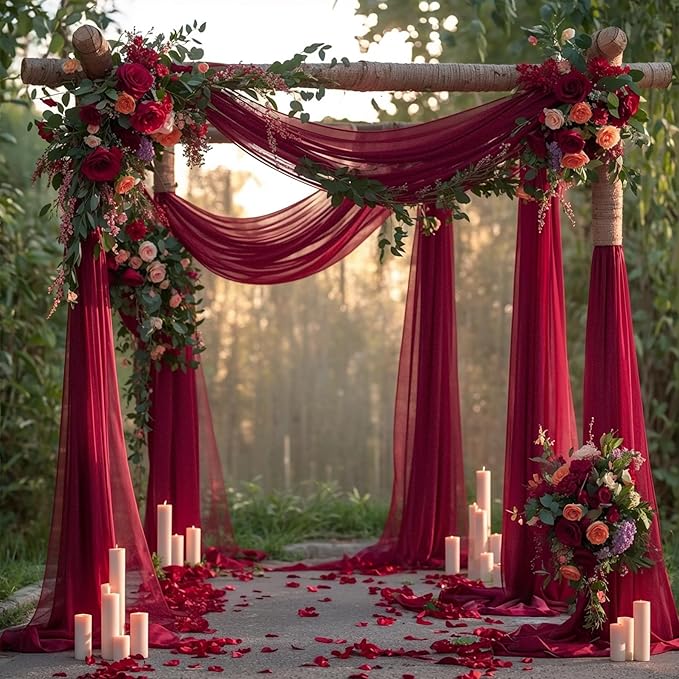 PARTISKY Wedding Arch Draping Fabric, 2 Panels Burgundy Sheer Backdrop Curtain Tulle Fabric Drapery for Arbor Wedding Archway Ceremony Party Ceiling Decor Backdrop