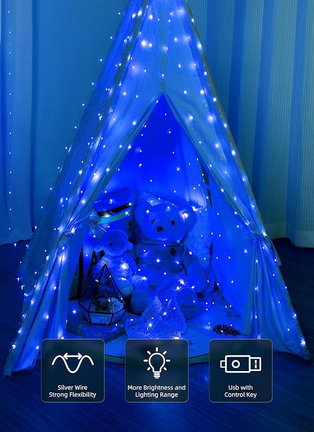 Brightown 300 LED Fairy Curtain Lights, 9.8ft x 9.8ft Curtain String Lights, USB Plug in 8 Lighting Modes LED Christmas String Hanging Lights with Remote for Bedroom Indoor Outdoor Weddings Party Xmas