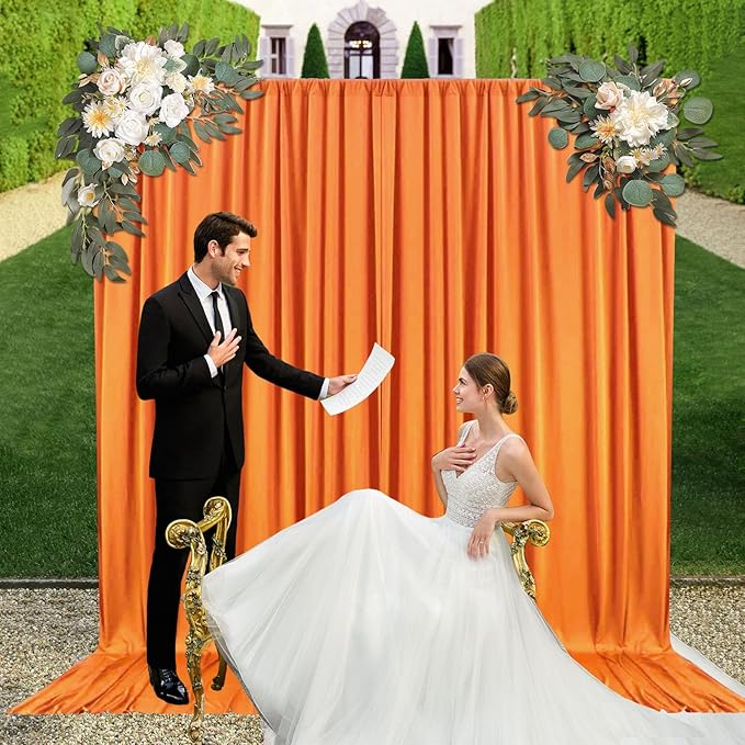 10ft x 10ft Orange Yellow Backdrop Curtains for Parties, Fabric Satin Background Curtain with Rod Pockets for Weddings, Birthday, Baby Shower, Photography, Graduation Party Backdrop Drapes, 2 Panels