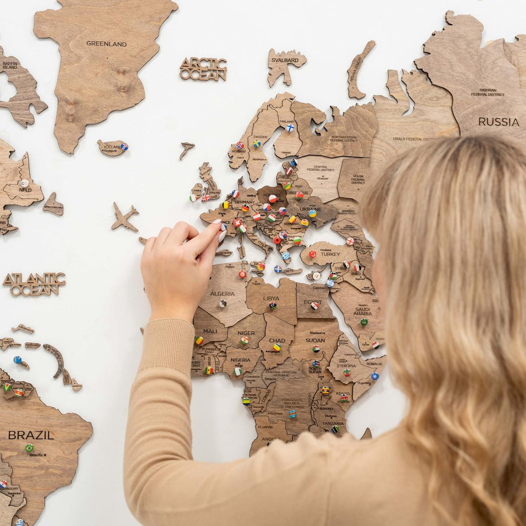 enjoy the wood 3d wooden world map wall, front angle view