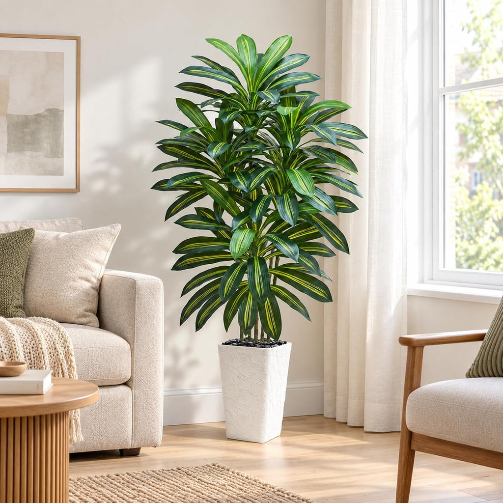 Artificial Dracaena Tree, 6FT Fake Tree White Planter