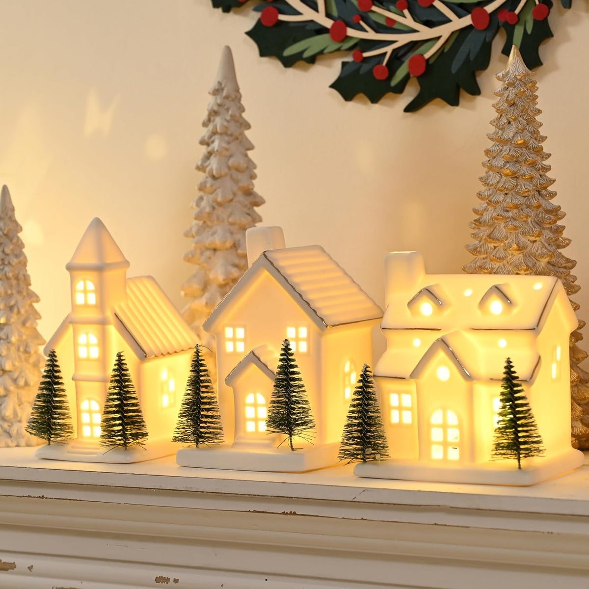 Ceramic White Christmas Village Houses, Light Up Porcelain Village Houses