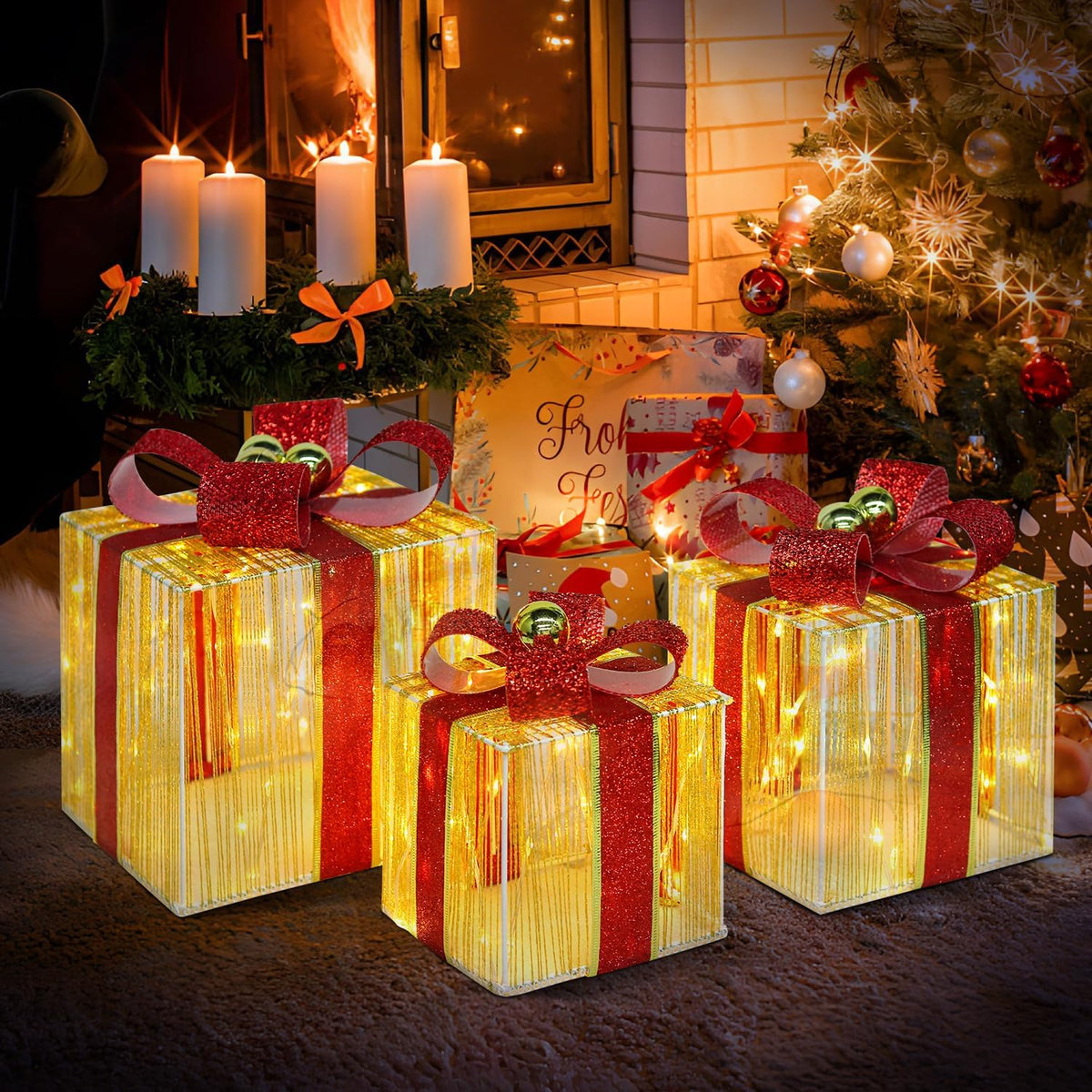 domkom set of 3 christmas lighted gift boxes, package contents