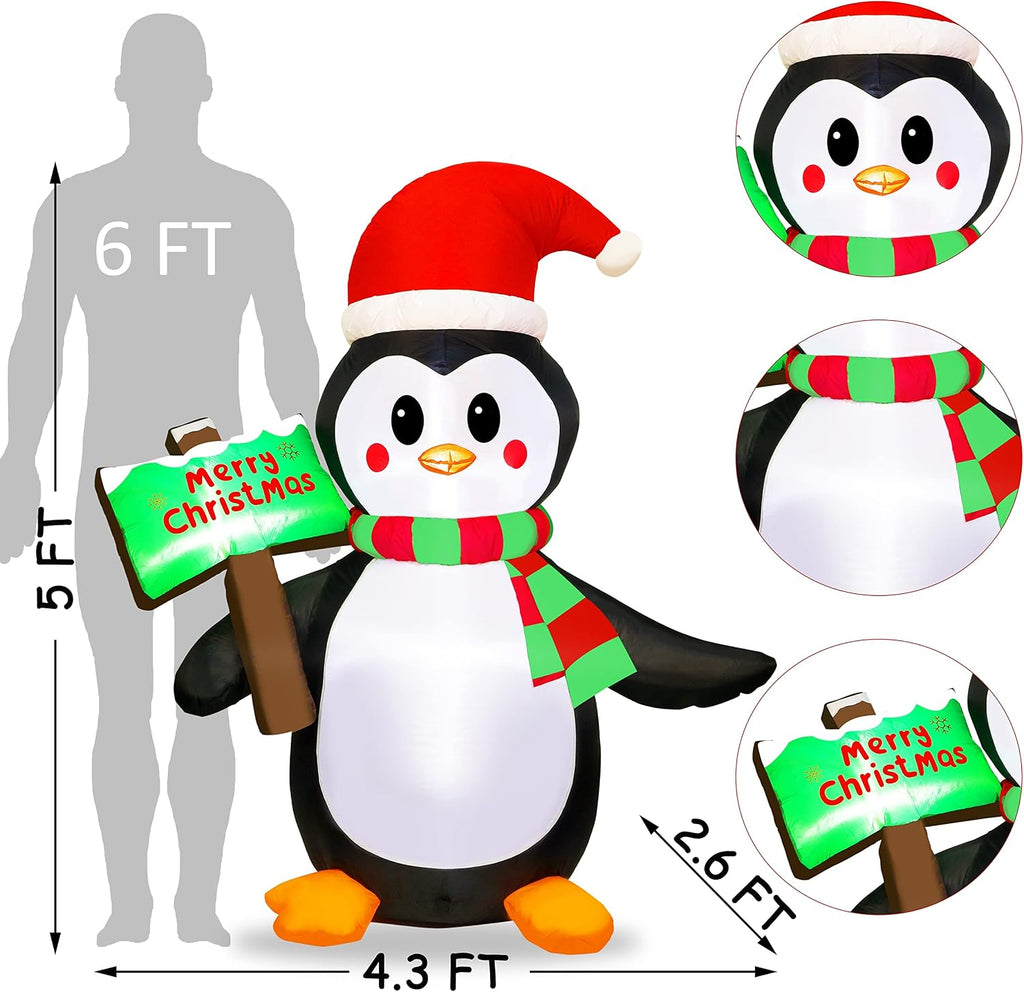 ATDAWN 5ft Christmas Inflatables Blow Up Yard Decorations, Inflatable Penguin Outdoor Decoration with Merry Christmas Sign