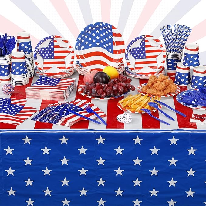 452 Pcs American Flag Party Supplies Veterans Day Decorations for 50 Guests, Patriotic Paper Plates Napkins Cups Tablecloth Cutlery Straws for USA 4th of July Party Supplies