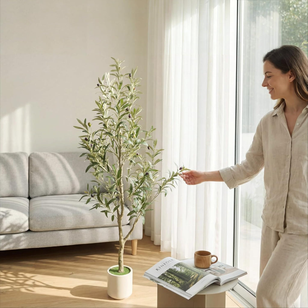 Faux Olive Tree, 5FT Artificial Olive Trees with Lifelike Olive Branches and Fruits, Fake Floor Plants with Pot for Indoor Home Office Living Room Outdoor Decor