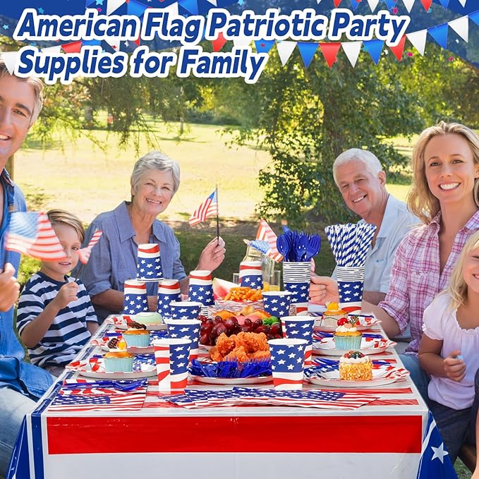 452 Pcs American Flag Party Supplies Veterans Day Decorations for 50 Guests, Patriotic Paper Plates Napkins Cups Tablecloth Cutlery Straws for USA 4th of July Party Supplies