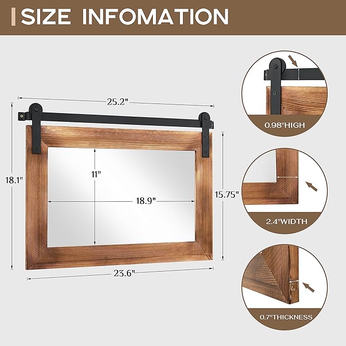 COGOOD Farmhouse Barn Door Mirror - 25 X 18 Rustic Wood Framed Decrative Mirror for Bathroom, Living Room, Entryway Wall Decor (Brown)