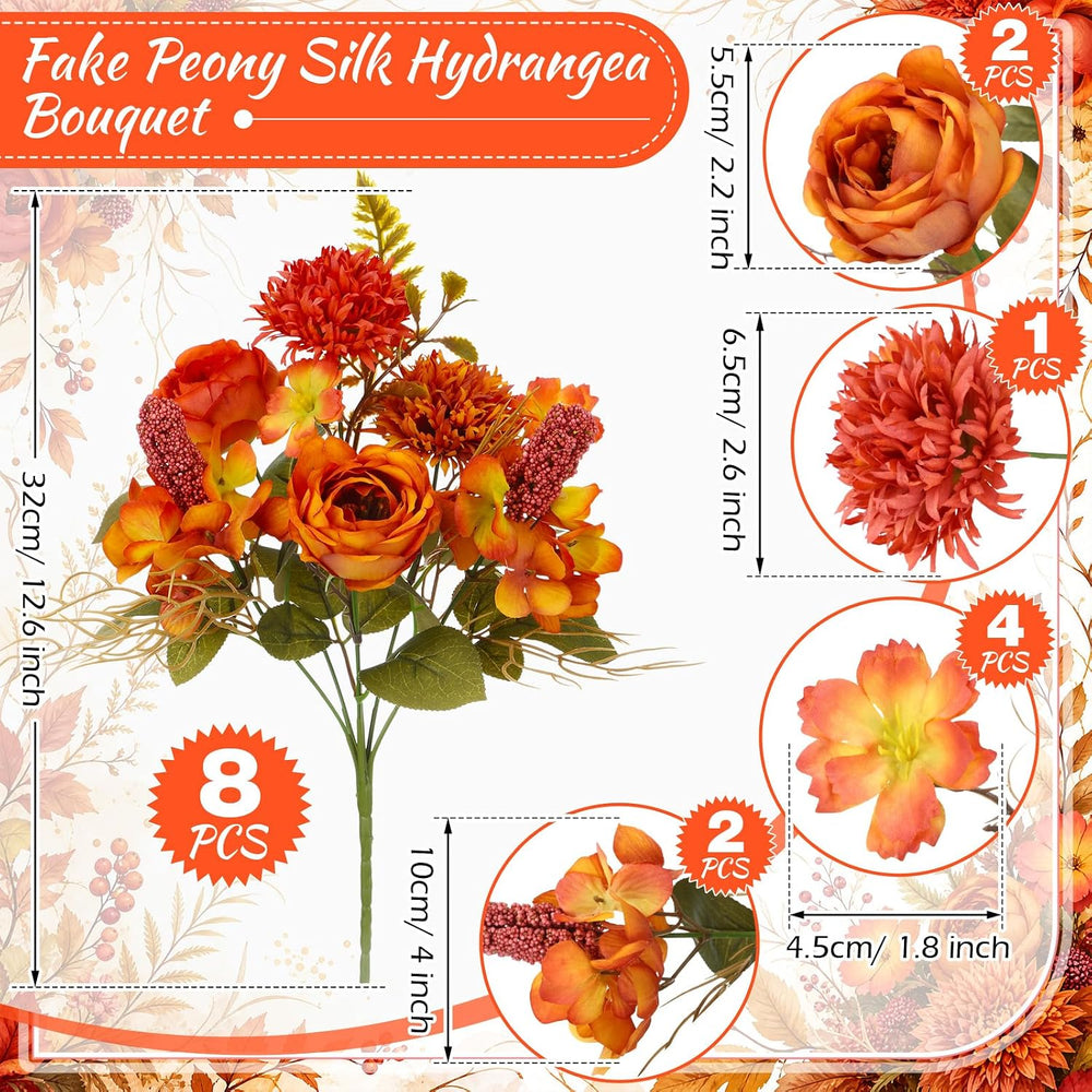 Lyrow 8 Pcs Fall Artificial Peony Hydrangea Flowers Bouquets Orange Red