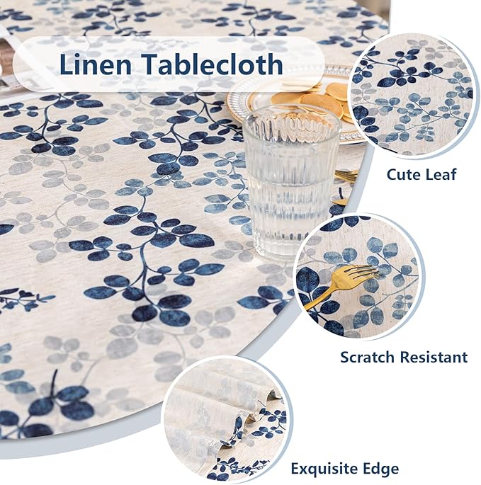 MYSKY HOME Floral Print Rectangle Tablecloth Waterproof Rectangular Table Cloth Linen Farmhouse Tablecloth for Kitchen Dining Spring Leaves Tablecloth for 8 Feet Table，60 x 120 Inches, Blue