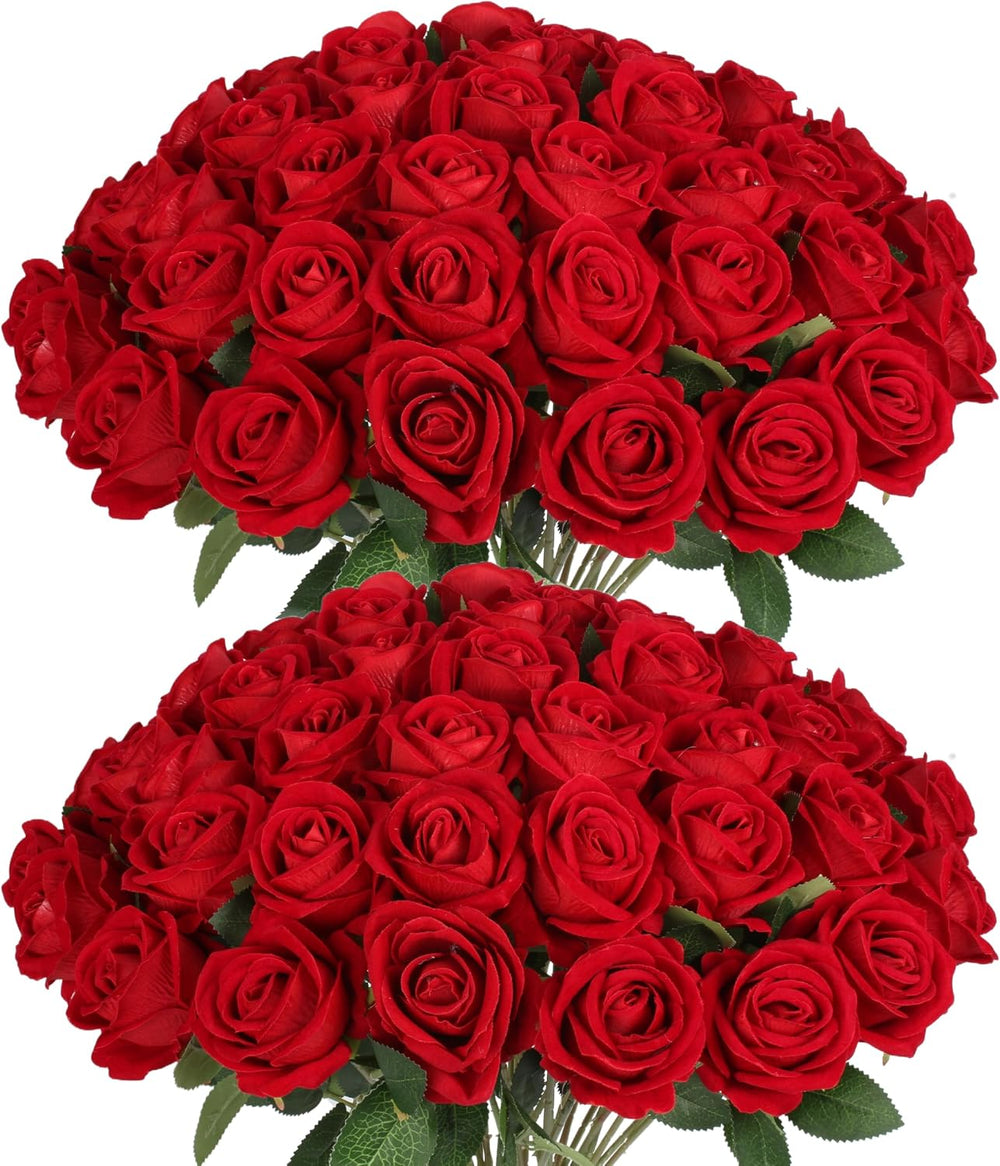 50PCS Artificial Red Roses Bulk Realistic Silk Fake Flowers with Long Stems