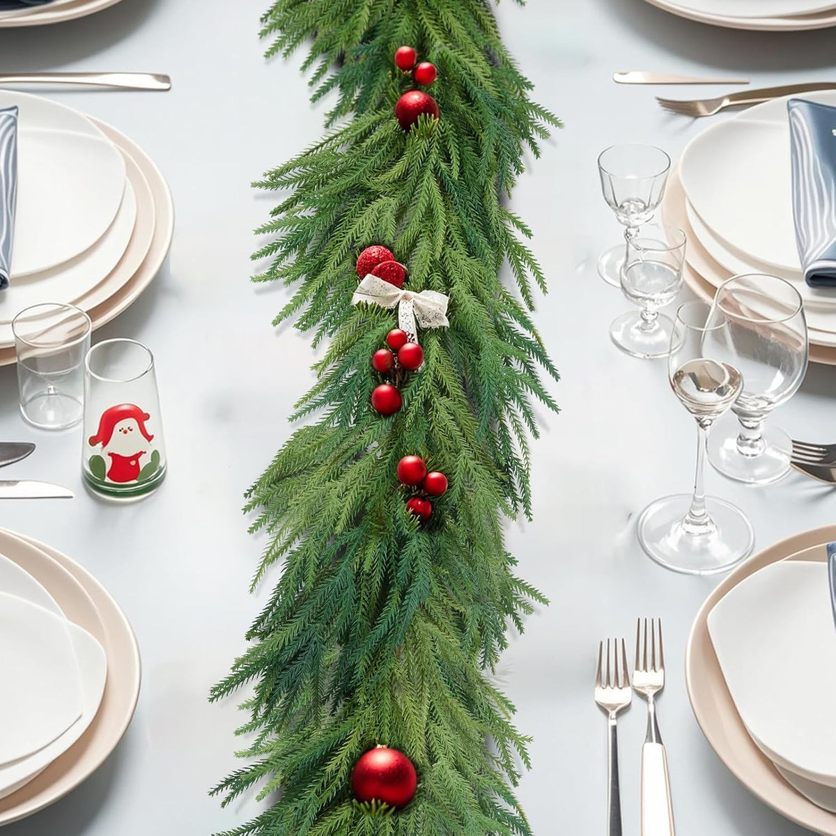 12ft norfolk pine christmas garland for mantle fireplace, close-up detail