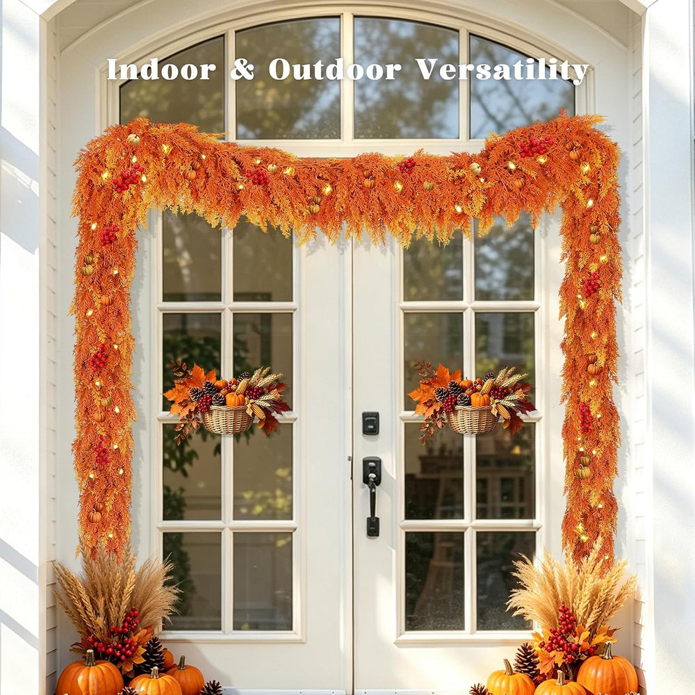 Thanksgiving Decorations, 9 FT Fall Cedar Garland with Lights for Mantle