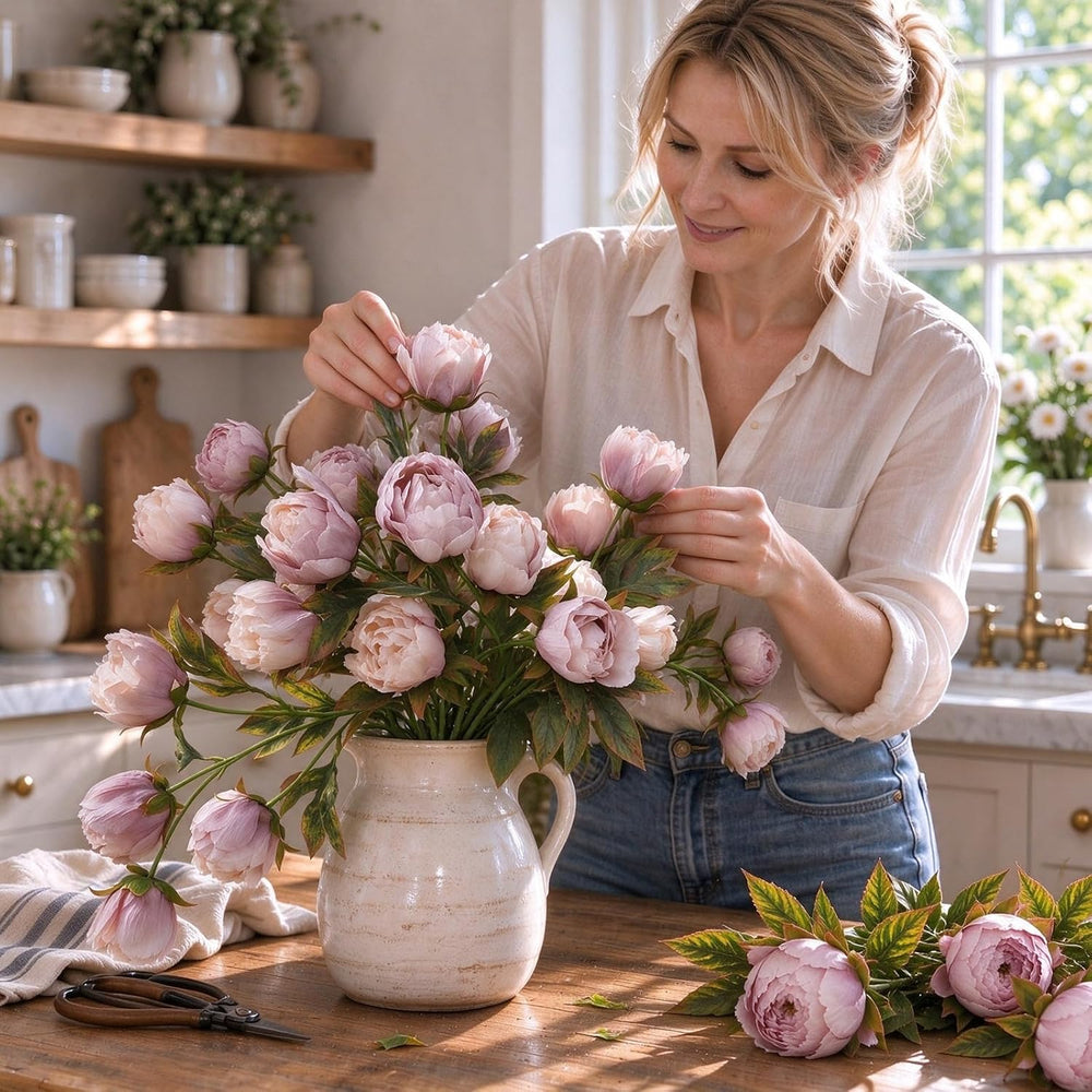 Artificial Peony Flowers, 8 Pink Faux Silk Floral Stems for Vase