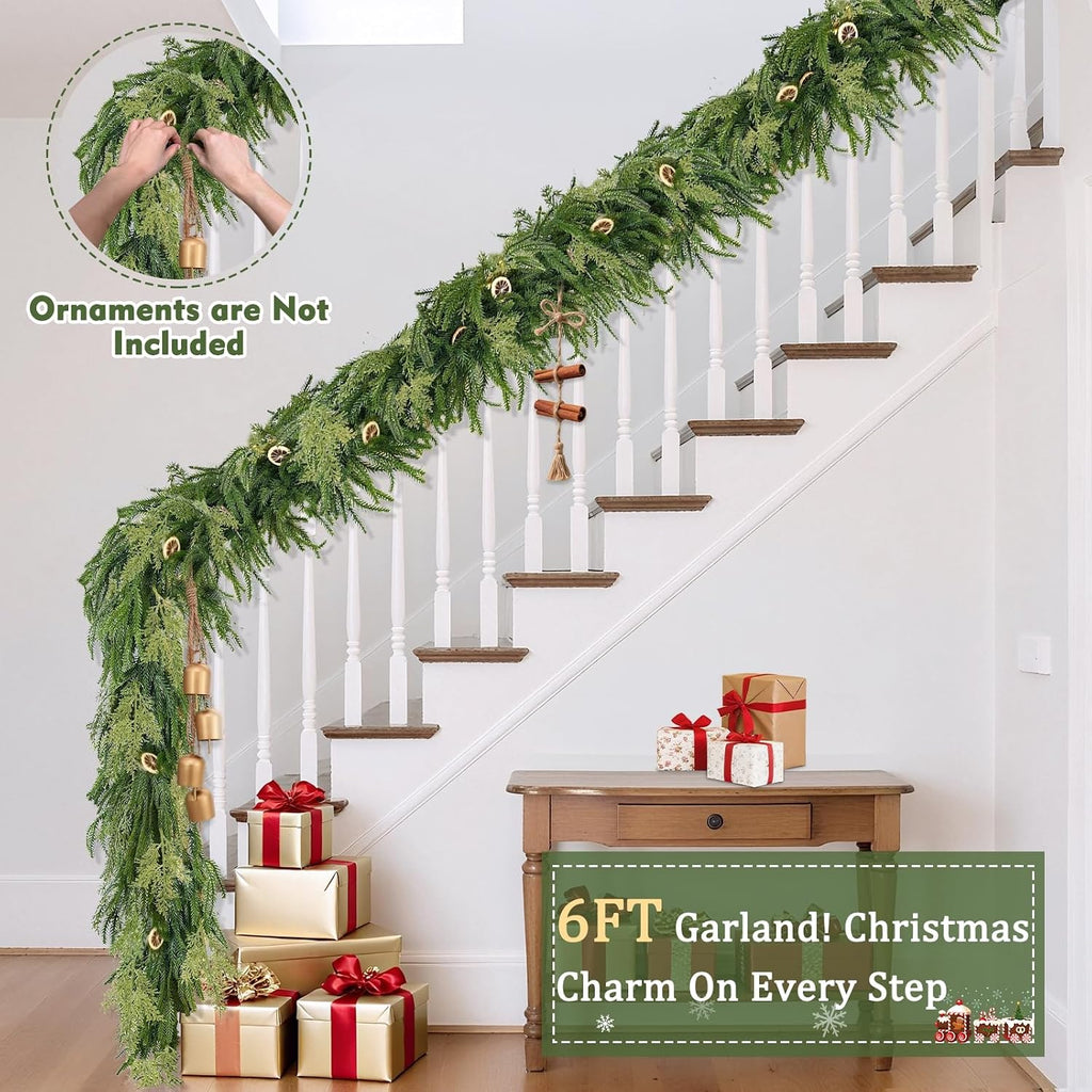 Extra Thick&Lush - 6Ft by 12 Inch Artificial Garland Norfolk Pine Garland, Real Touch Cedar Garland, Realistic Soft 120 Branch Tips Pine&Cedar Faux Greenery Cypress Garlands for Mantle Outdoor Indoor