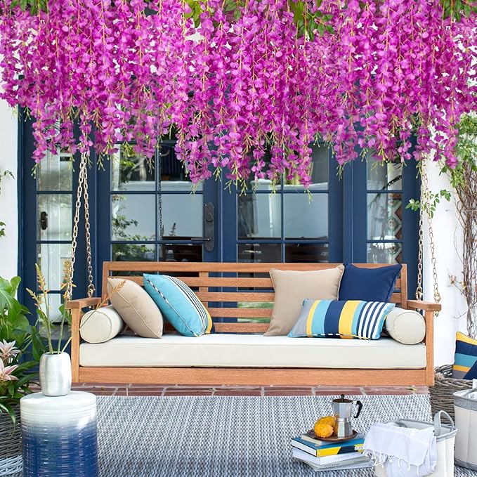 24 Pack Artificial Fake Wisteria Vine Ratta (3.75 Feet) Hanging Garland Silk Flowers String Home Party Wedding Decor(Purple)