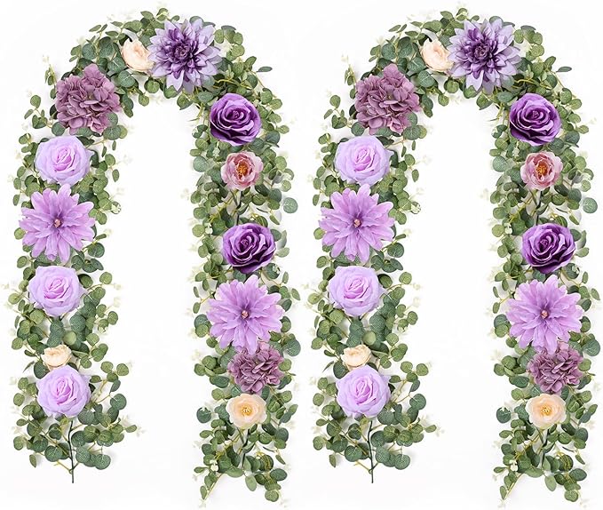 Waipfaru 2 Pcs Flower Garland, 6.07Ft Eucalyptus With Flowers, Rose Floral Vines for Wedding Reception Table Mantle Room Spring Summer Decor (Purple)