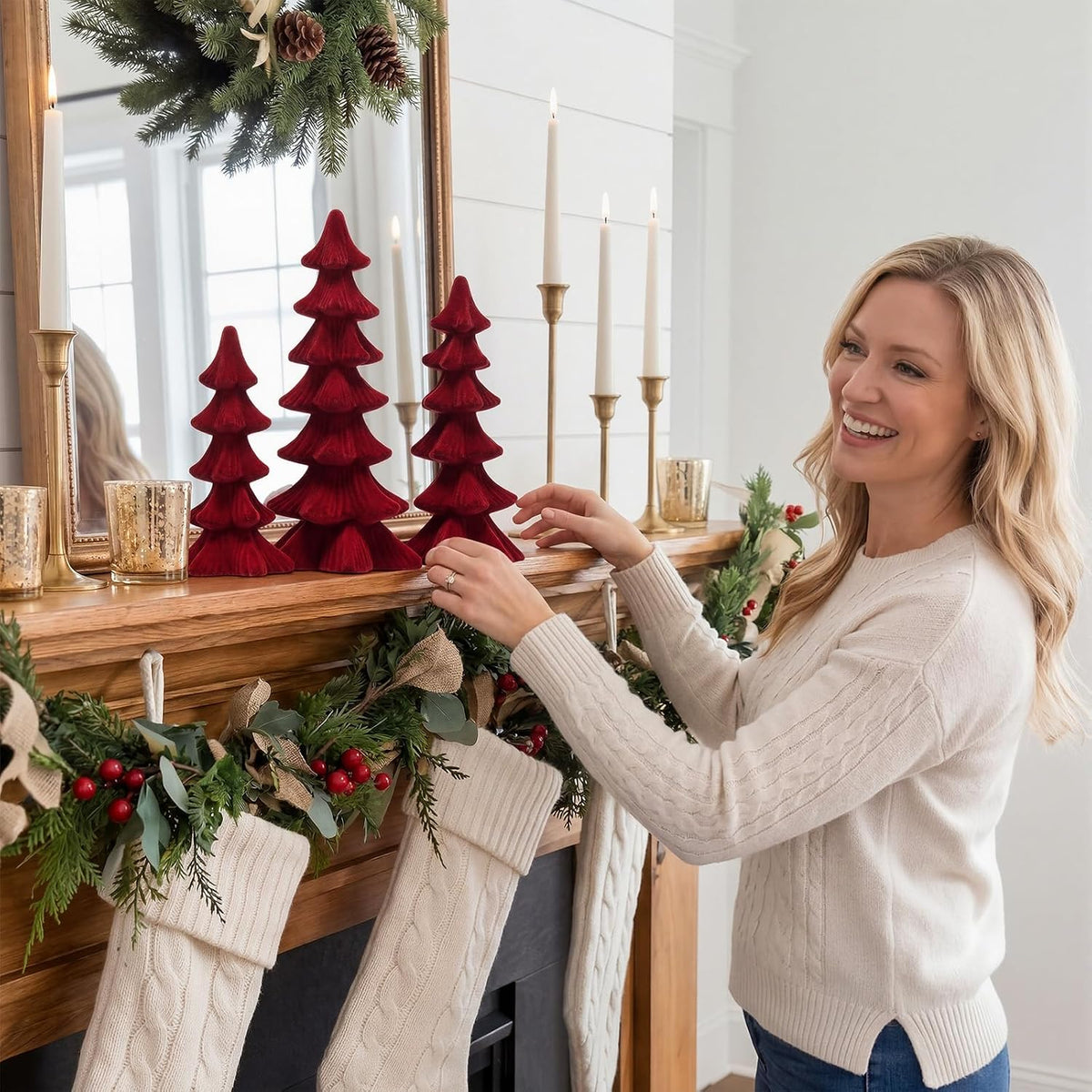 newwiee 3 pcs christmas velvet trees velvet tabletop,claret, side view